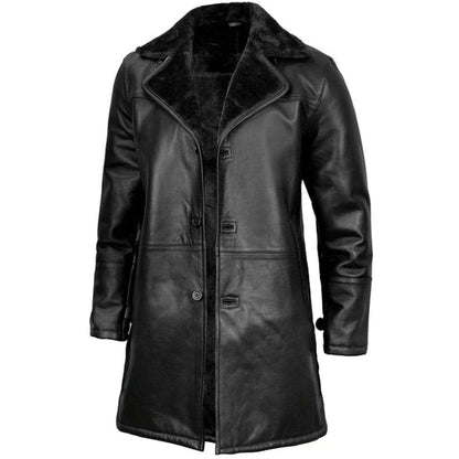 Black Shearling Long Leather Coat for Men