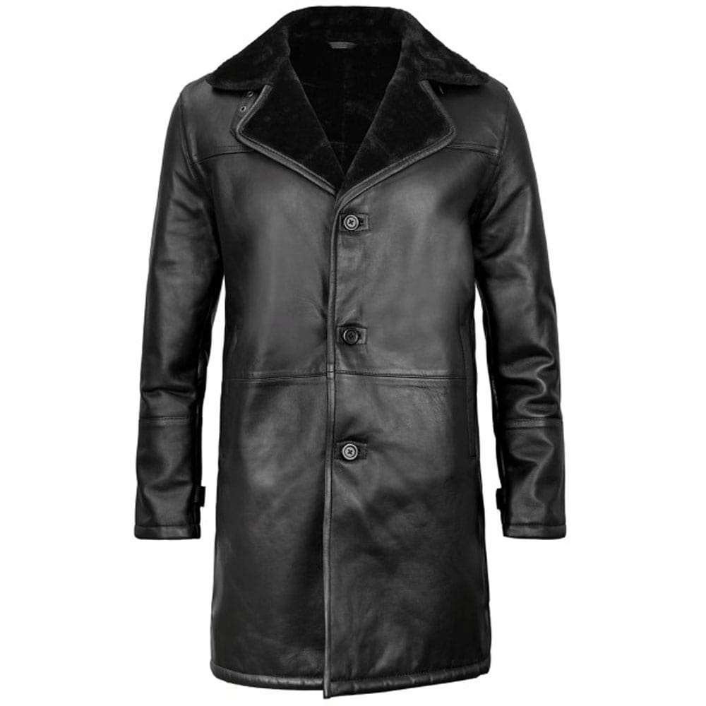 Black Shearling Long Leather Coat for Men