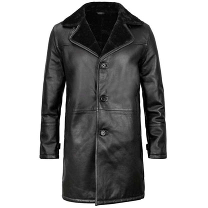 Black Shearling Long Leather Coat for Men