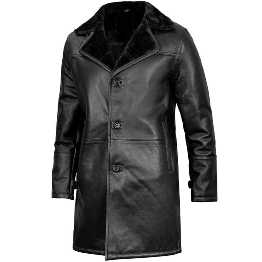 Black Shearling Long Leather Coat for Men