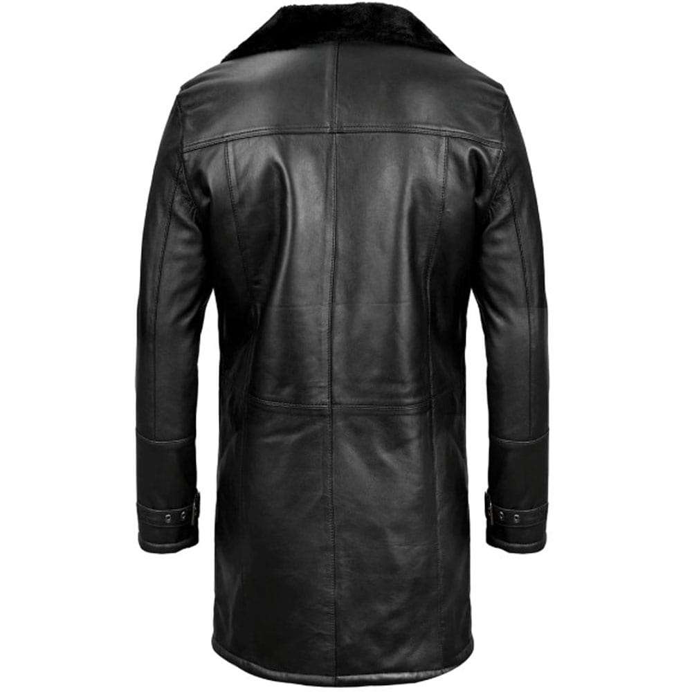 Black Shearling Long Leather Coat for Men