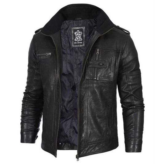 Black Waxed Cafe Racer Leather Jacket for Men